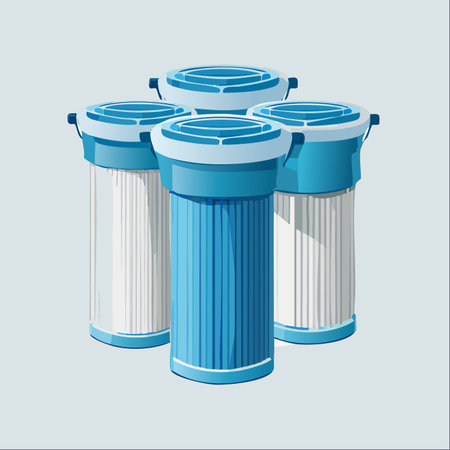 A set of four water filter cartridges, showcasing both new and used elements, ready for replacement.のイラスト素材