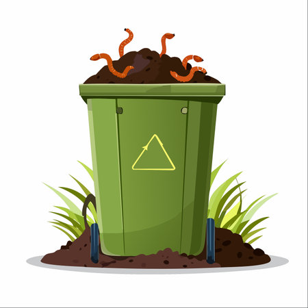 A vibrant illustration of a green compost bin, actively turning organic waste into nutrient-rich soil with the help of busy earthworms.のイラスト素材