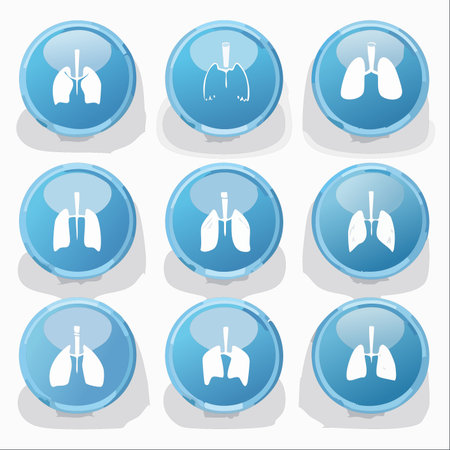 A collection of glossy blue circular icons, each featuring a clean white silhouette of human lungs.のイラスト素材