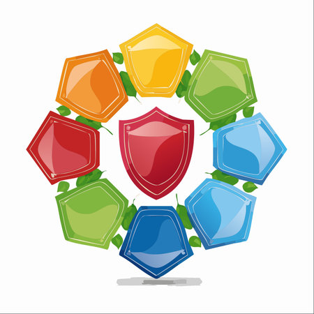 A central shield represents core security, surrounded by a diverse circle of colorful shields symbolizing an interconnected system.のイラスト素材