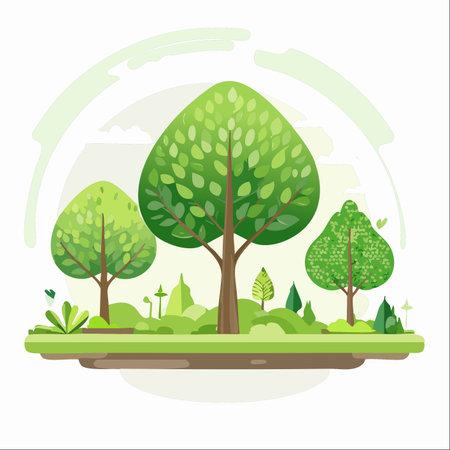 A vibrant and stylized illustration depicting a lush, green landscape.のイラスト素材