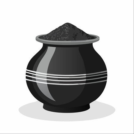 A glossy black earthenware pot, adorned with traditional white stripes, is filled to overflowing with grains, ready for a festive celebration.のイラスト素材