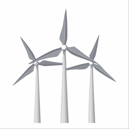 A group of three modern wind turbines stands tall, their blades poised to harness the power of the wind.のイラスト素材