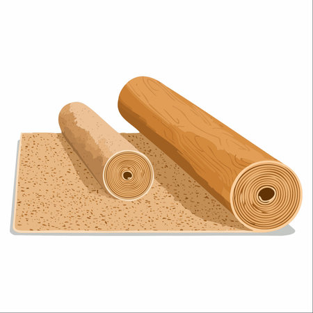 A selection of modern flooring materials, featuring a roll of wood grain laminate and a roll of cork underlayment.のイラスト素材