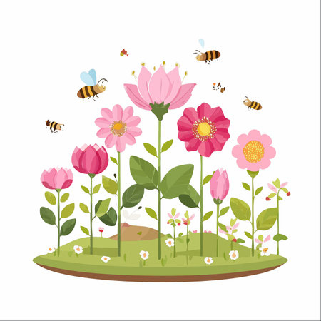A charming illustration of a miniature ecosystem, where cheerful cartoon bees busily fly among vibrant pink and magenta flowers.のイラスト素材