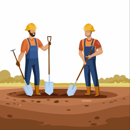 Two dedicated construction workers in hard hats and overalls collaborate on a project, using their shovels to dig the foundation.のイラスト素材