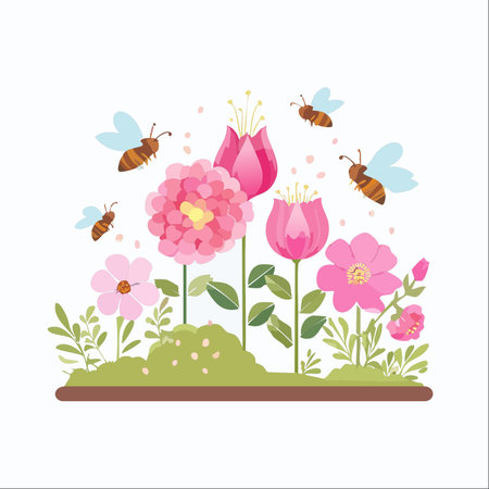 A cheerful scene unfolds in a vibrant spring garden where busy bees buzz from one beautiful pink flower to another.のイラスト素材