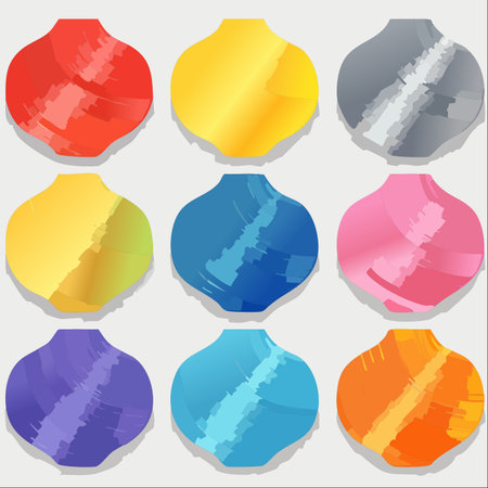 A dynamic collection of nine vibrant, onion-shaped stickers or labels, each featuring a unique color and a modern brushstroke texture.のイラスト素材