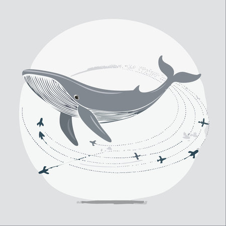 A majestic whale floats serenely in a surreal sky, as a fleet of airplanes gracefully orbits around it.のイラスト素材