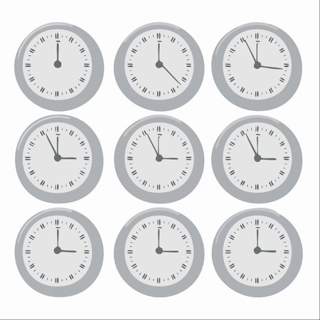 A collection of simple, gray analog clocks, each frozen at a different moment. This vector set illustrates the concept of time's passage, deadlines, and the structure of a daily schedule.のイラスト素材
