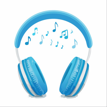 A pair of modern blue headphones is shown, with musical notes floating playfully between the earcups.のイラスト素材