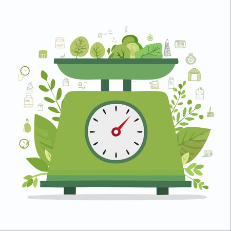 A vibrant illustration of a green kitchen scale carefully weighing fresh leafy vegetables.のイラスト素材