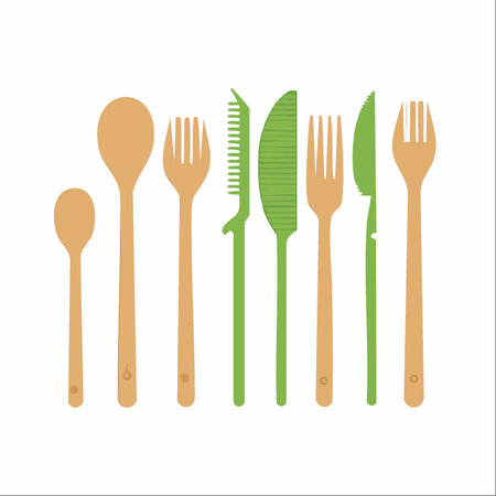 A collection of modern, eco-conscious cutlery, blending natural wooden spoons and forks with innovative green utensils inspired by nature.のイラスト素材