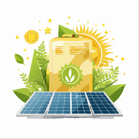 Harnessing the power of the sun, solar panels convert sunlight into clean electricity, which is then stored in a modern, eco-friendly battery pack.のイラスト素材