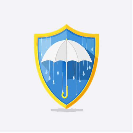 A concept illustration of total protection, featuring a white umbrella inside a golden shield deflecting rain.のイラスト素材