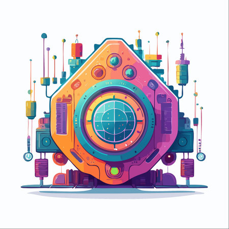 A complex and colorful futuristic hub processes vast amounts of data, its central scope scanning for new information.のイラスト素材