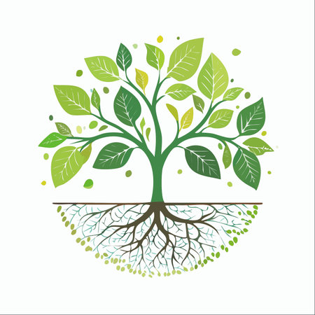 A vibrant illustration of a flourishing tree, its lush green canopy balanced by an intricate and deep root system.のイラスト素材