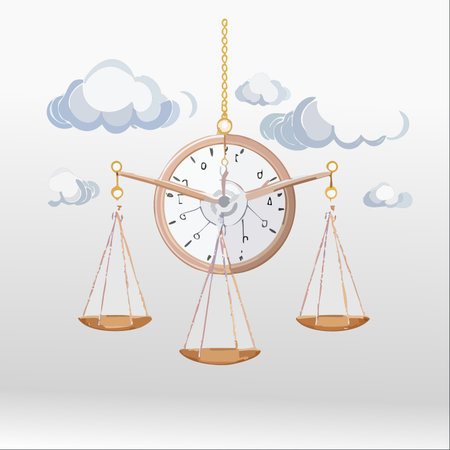 A surreal illustration depicting a clock face acting as the scales of justice, hanging in a cloudy sky.のイラスト素材