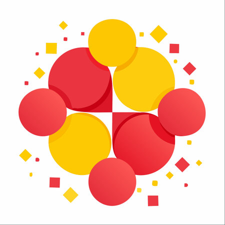 A dynamic and playful composition of red and yellow geometric shapes, including circles and squares, overlapping and interacting on a clean white background.のイラスト素材