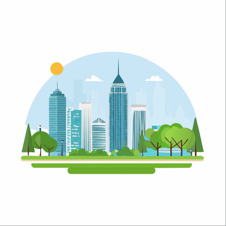 A vibrant illustration of a modern metropolis where sleek skyscrapers coexist with a lush green park.のイラスト素材