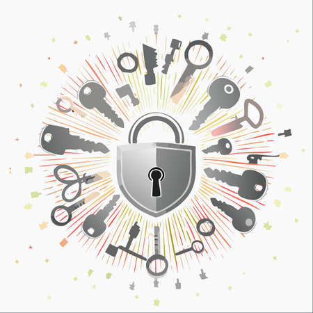 A central padlock, representing a challenge or secure system, is surrounded by a multitude of diverse keys, each a potential solution.のイラスト素材