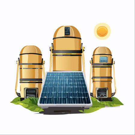 A set of modern, portable lanterns powered by a solar panel, illustrating clean, renewable energy for camping or emergencies.のイラスト素材