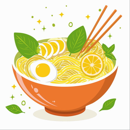 A steaming bowl of delicious ramen, beautifully illustrated with fresh ingredients like zesty lemon, savory boiled eggs, and fragrant basil.のイラスト素材