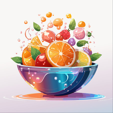 A burst of pure energy and flavor explodes from a modern, iridescent bowl.のイラスト素材