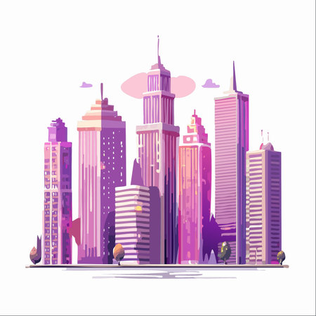 A dynamic and stylized illustration of a modern metropolis, bathed in vibrant shades of purple and pink.のイラスト素材