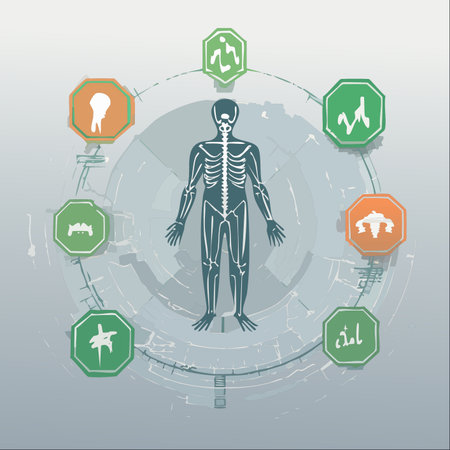 A conceptual illustration of a human skeleton on a futuristic digital interface, encircled by icons representing various medical fields.のイラスト素材