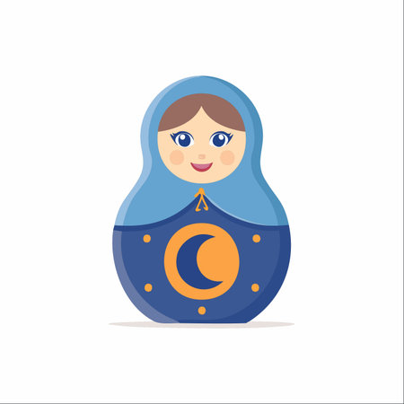 A charming Russian matryoshka doll, decorated with a celestial moon and stars motif.のイラスト素材