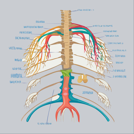 A detailed yet simplified illustration showcasing the intricate network of the human nervous and circulatory systems originating from the spinal column.のイラスト素材