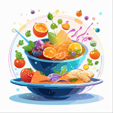 A whimsical and vibrant illustration celebrating the joy of healthy eating.のイラスト素材