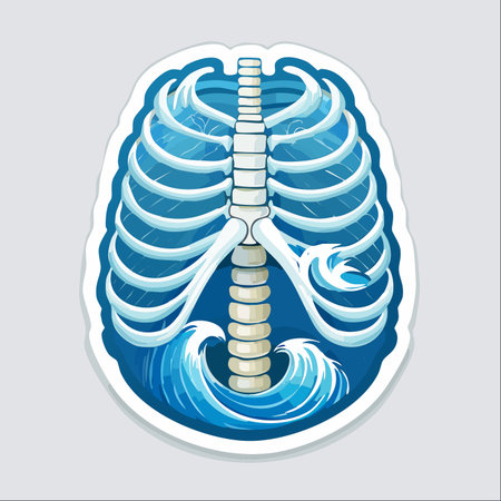 A surreal and artistic depiction of a human rib cage, where the lungs are replaced by crashing ocean waves.のイラスト素材