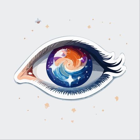 A close-up illustration of a stylized eye, where the iris and pupil contain a vibrant, swirling galaxy.のイラスト素材