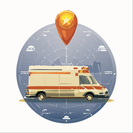 A modern ambulance is precisely guided by a GPS location pin, illustrating the concept of rapid emergency response and advanced healthcare logistics.のイラスト素材