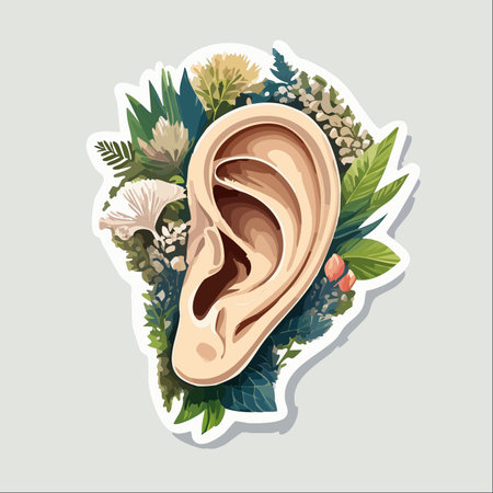 An illustration symbolizing a deep connection with nature, where the human ear is intertwined with botanical elements.のイラスト素材