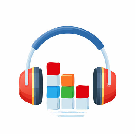 A vibrant illustration captures the essence of digital audio, with modern headphones enveloping a colorful sound equalizer.のイラスト素材