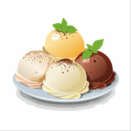A delightful assortment of four gourmet ice cream scoops, featuring chocolate, vanilla, and fruit flavors, sits invitingly on a plate.のイラスト素材