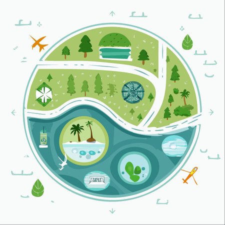 An illustrative concept of a balanced world, where sustainable living coexists with modern travel and leisure.のイラスト素材