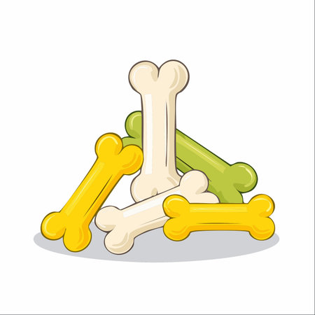 A vibrant assortment of cartoon dog bone biscuits stacked in a playful pile.のイラスト素材