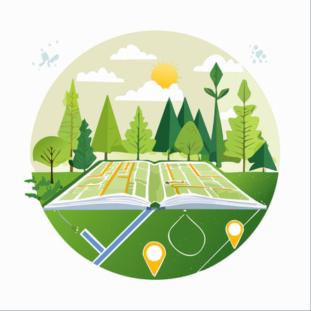 An open storybook reveals a vibrant map, its paths unfolding into a real-world forest adventure.のイラスト素材