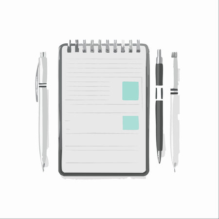 An artistic illustration of an open spiral notebook and several pens, isolated on a white background.のイラスト素材