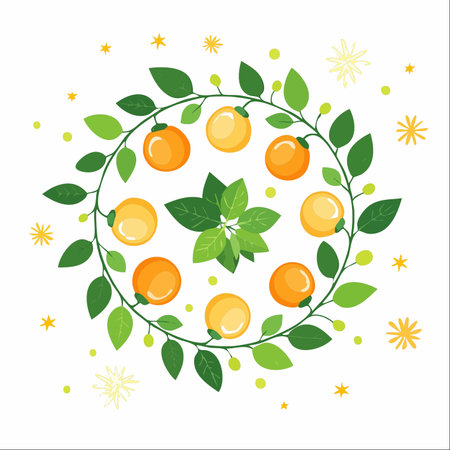 A beautifully illustrated wreath of fresh citrus fruits and vibrant green leaves forms a perfect circle.のイラスト素材