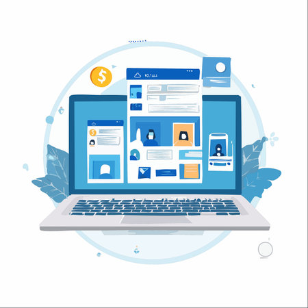 An illustration of a modern laptop displaying a vibrant user interface for a social or professional network.のイラスト素材