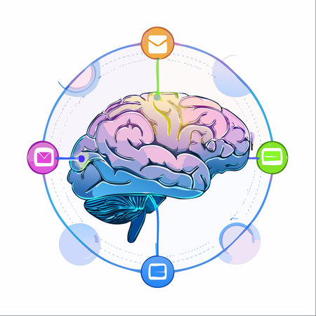 A vibrant illustration of a human brain at the center of a digital network, receiving information from various message and email icons.のイラスト素材