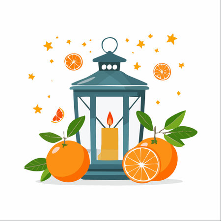 A warm, glowing candle inside a vintage lantern casts a gentle light, surrounded by fresh oranges and twinkling stars.のイラスト素材