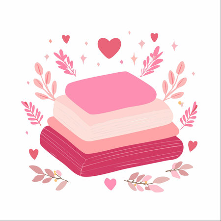 A beautifully folded stack of soft pink linens, surrounded by floating hearts and delicate leaves.のイラスト素材