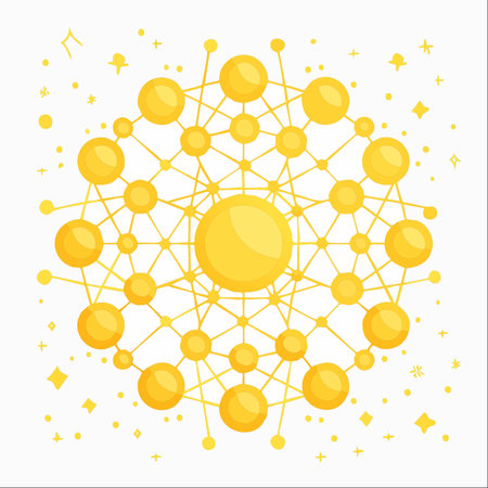 A radiant golden network of interconnected nodes and spheres, symbolizing communication, technology, and the flow of data.のイラスト素材