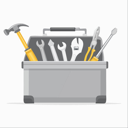 An open metal toolbox, fully equipped with essential hand tools for any repair or construction project.のイラスト素材